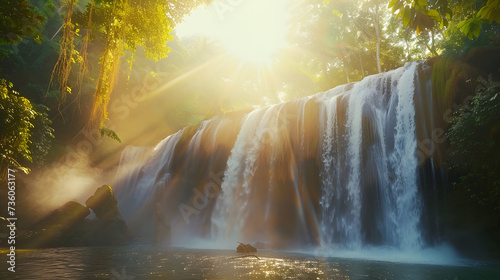 Enchanting Sunburst by Waterfall: Radiant Nature Scene with Glorious Sunlight Filtered Through Trees  © erlangga