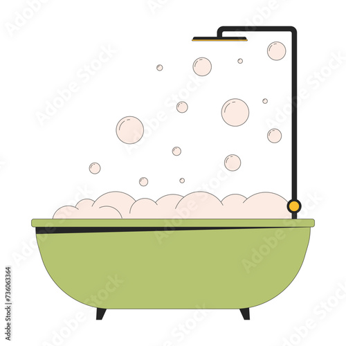 Bathtub bubble bath shower 2D linear cartoon object. Washing showering equipment isolated line vector element white background. Bathroom hygiene. Foam bathtime color flat spot illustration