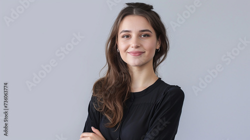 Retrato de uma jovem bonita e sorridente com os braços cruzados isolado de fundo branco photo