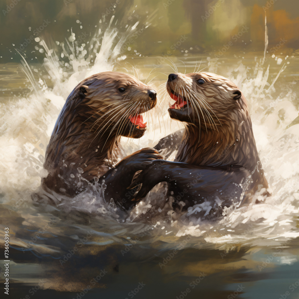 Fototapeta premium otter in the water playing