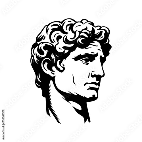 White gypsum copy of ancient statue of Apollo God of Sun head isolated on a white background. Plaster sculpture of man face. Renaissance portrait
