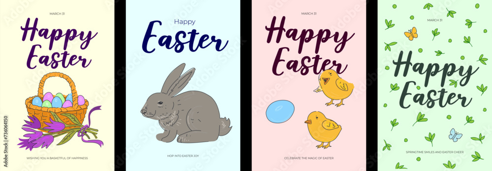 Happy Easter Day holiday poster set. Colorful eggs in basket and cute rabbit, chickens and flowers. Traditional spring religious celebration greeting card. Vector eps drawing festive bunny