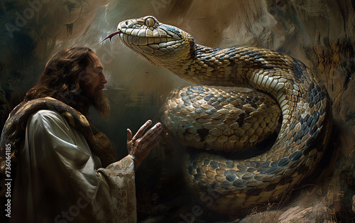 fantasia de cobra gigante frente a Jesus Cristo 