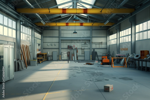 An empty industrial warehouse full of tools. Background image. Created with Generative AI technology