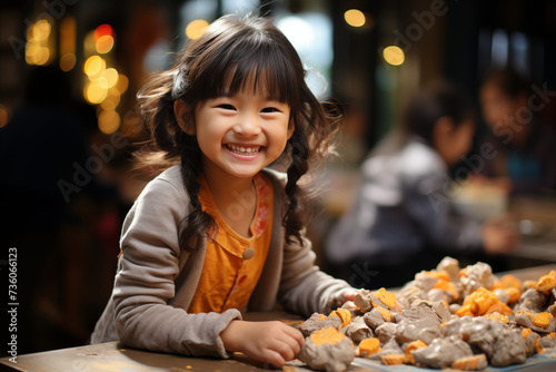 Asian little girl playing with clay