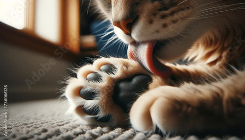 前足の肉球を舐める猫 photo
