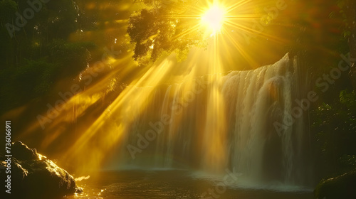 Enchanting Sunburst by Waterfall: Radiant Nature Scene with Glorious Sunlight Filtered Through Trees 