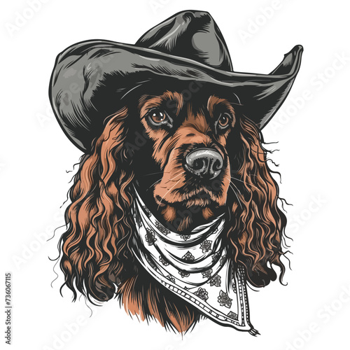 English Cocker Spaniel dog Head wearing cowboy hat and bandana around neck