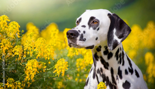 Portrait of dalmatian dog with black spots. Purebred dalmatian pet outdoors  yellow flowers garden