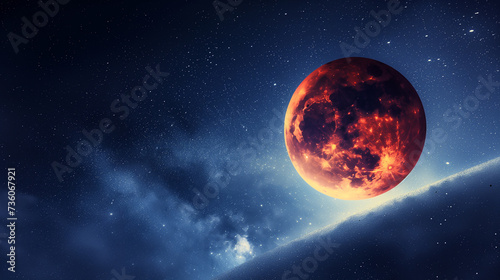 Earth s shadow casting a red glow on the moon  with stars twinkling in the background