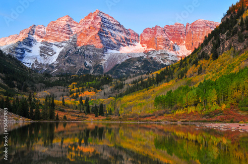 Sunrise on the Maroon Bells and Maroon Lake, White River National Forest, Aspen, Colorado, USA. photo