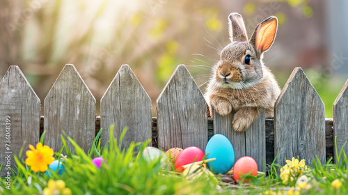 Bunny in Garden With Decorated Eggs, Easter background © andreusK