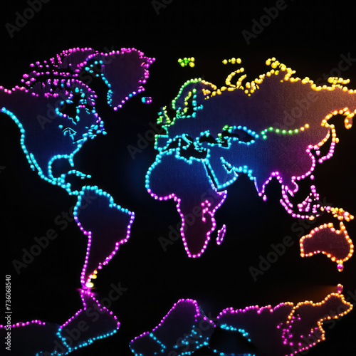 The image shows a digital map of the world against a black background. The map is outlined in colorful neon lights and features countries in different shades of blue, pink, and purple. The whole image