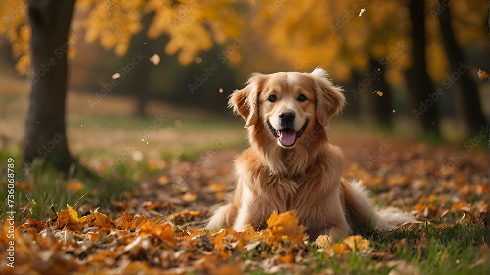 Happy golden retriever dog on Autumn nature background, wide web banner. Autumn activities for dogs. Fall Care Advice For Dogs. Preparing dog for walks in autumn and fireworks - obrazy, fototapety, plakaty 