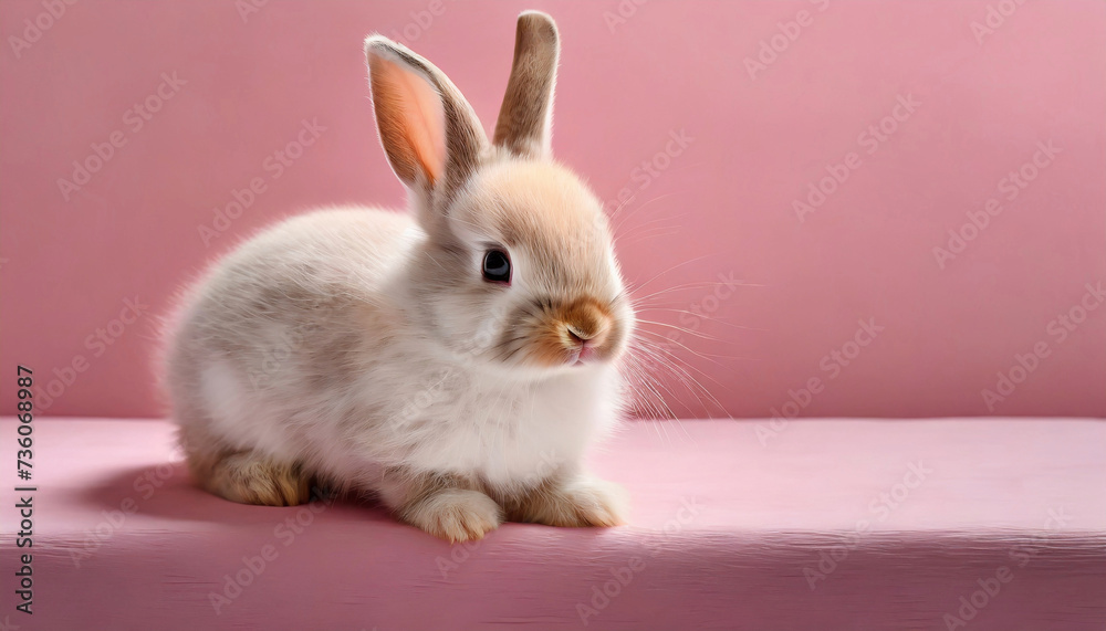 Cute rabbit on pink background, closed up of Easter bunny, lovely little pet, spring or summer day
