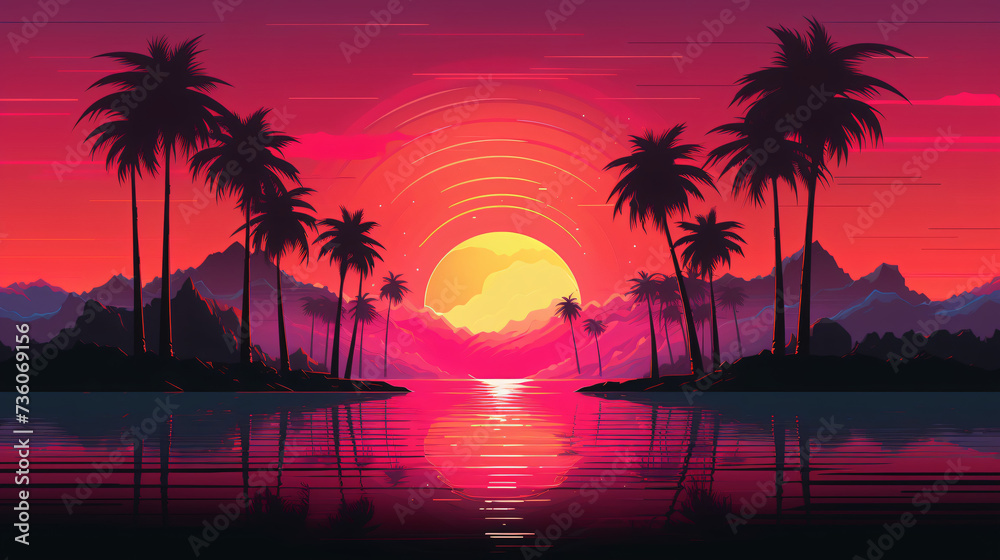 Retro wave style sunset scene.