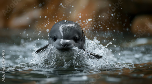 Vaquita porpoise or cochito in motion with water splashing around and drops in the air  ai generated