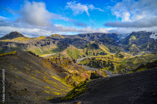 The spectacular Goðaland area of Thórsmörk National Park seen from the trail between Fimmvörduháls and the bottom of the Krossá river valley, Iceland.