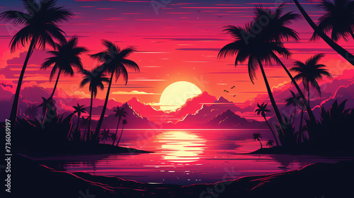 Retro wave style sunset scene.