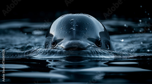 Monochrome close-up of a vaquita porpoise ( Phocoena sinus ) or cochito head emerging from water, ai generated