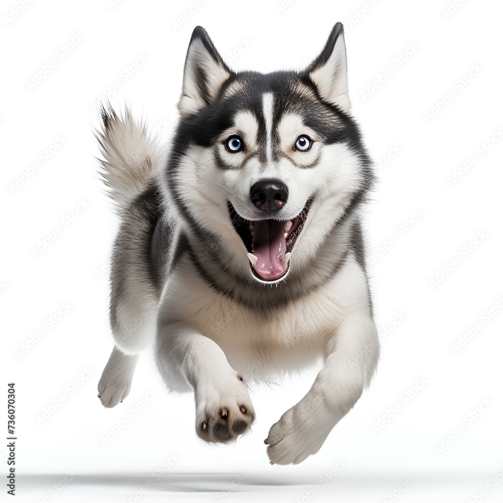 Siberian Husky running on white background, AI generation