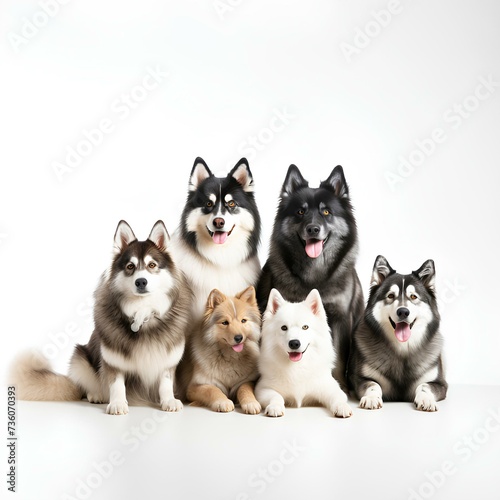 Group of dogs sitting on white background, AI generation. Banner disign for zoo shop or vet clinic. © Ludmyla