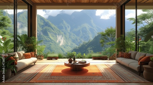 A cozy living room with a large window offering a picturesque view of the majestic mountain range. The room is adorned with wooden fixtures and flooring, creating a natural landscape indoors