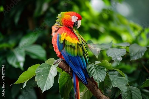 parrot perched on a branch, brightly colored feathers against green leaves