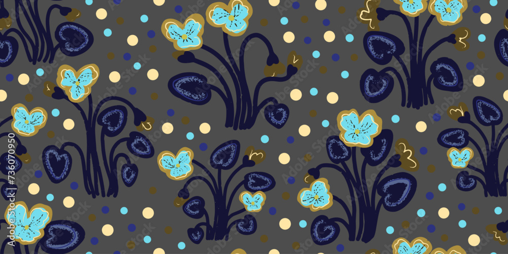 Texture violets. Forest flowers. Cartoon style. Hand drawn elements. Vector seamless overlapping pattern. Texture violets. Forest flowers. Cartoon style. Hand drawn elements. Vector seamless overlapping pattern.