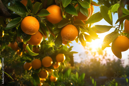 Orange trees with ripe oranges in orchard at sunset  closeup