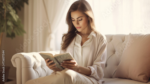 Woman reading a book while sitting on the sofa, blurred room in the background