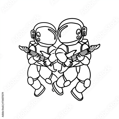 line art illustration of two spacemen playing guitar for icon or logo