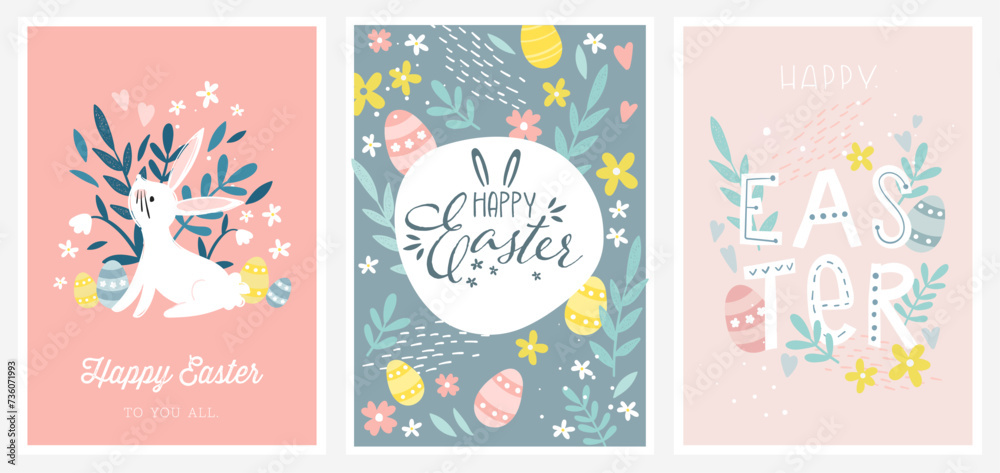 Happy Easter vector design templates. Cute hand-drawn matching design with bunnies, eggs, fun fonts and flowers. - obrazy, fototapety, plakaty 