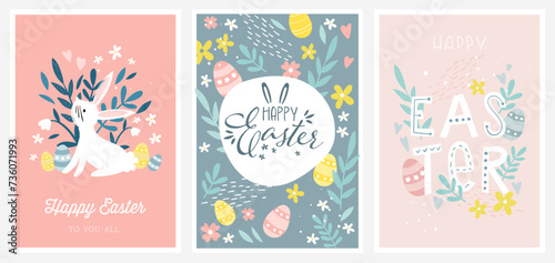 Happy Easter vector design templates. Cute hand-drawn matching design with bunnies, eggs, fun fonts and flowers.