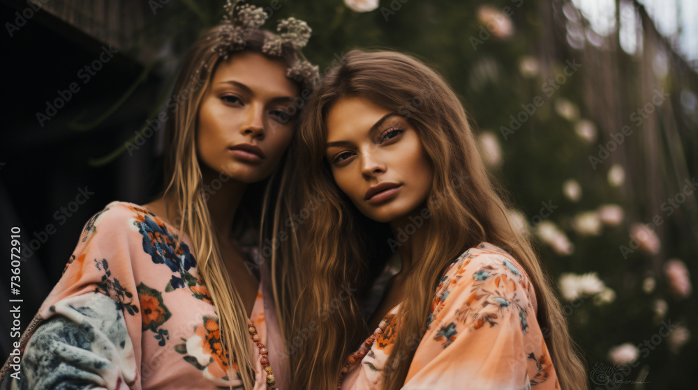 Two beautiful stylish boho models outdoors.