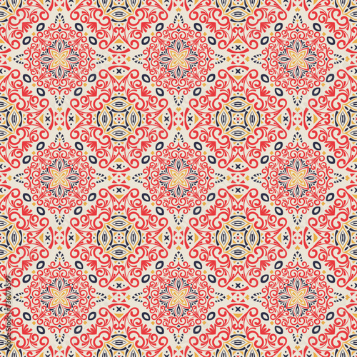 Islamic seamless pattern. Repeating arabesque background. Morocco red motif for design prints. Repeat arabian texture. Arab ornate girih background for textile  scarfs  ceramic tile.