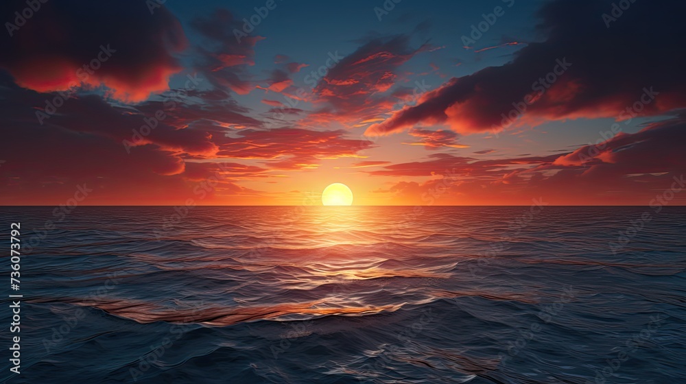 A breathtaking view of the ocean at sunset, with the sun's warm rays casting a golden glow over the tranquil waters