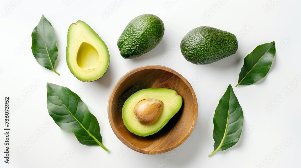 Fresh Avocados with Leaves Top View Fresh Avocados with Leaves Top View