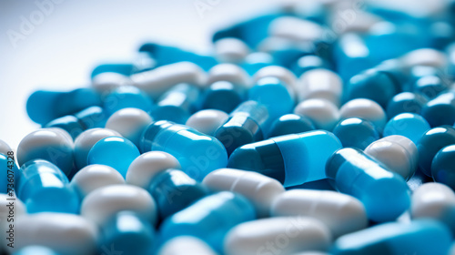 Selective focus on blue and white capsules pill