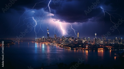 Lightning Storm Over a City at Night