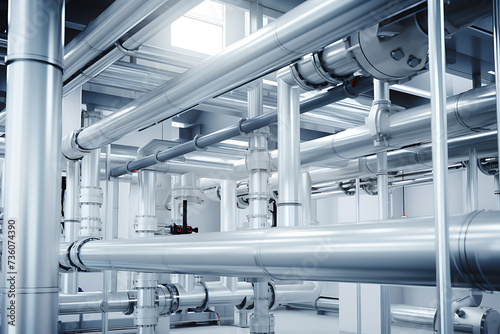 Industrial zone, Steel pipelines and cables in blue toned image