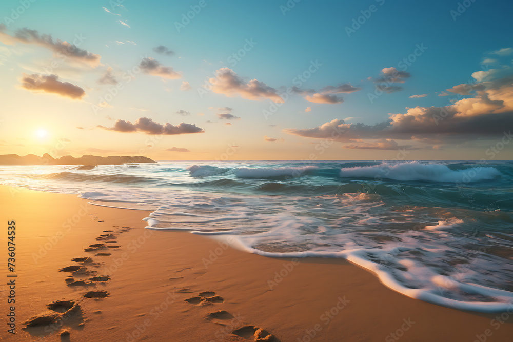 Sunset on the beach with footprints in the sand and waves.