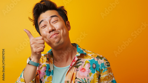  Retrato de estúdio de um homem chinês confiante posando sobre um fundo amarelo colorido brilhante, piscando e segurando o polegar para cima,