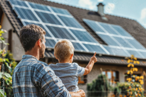 Father and son in garden. Man and Child pointing towards their family home with solar panels. Symbolizing alternative energy