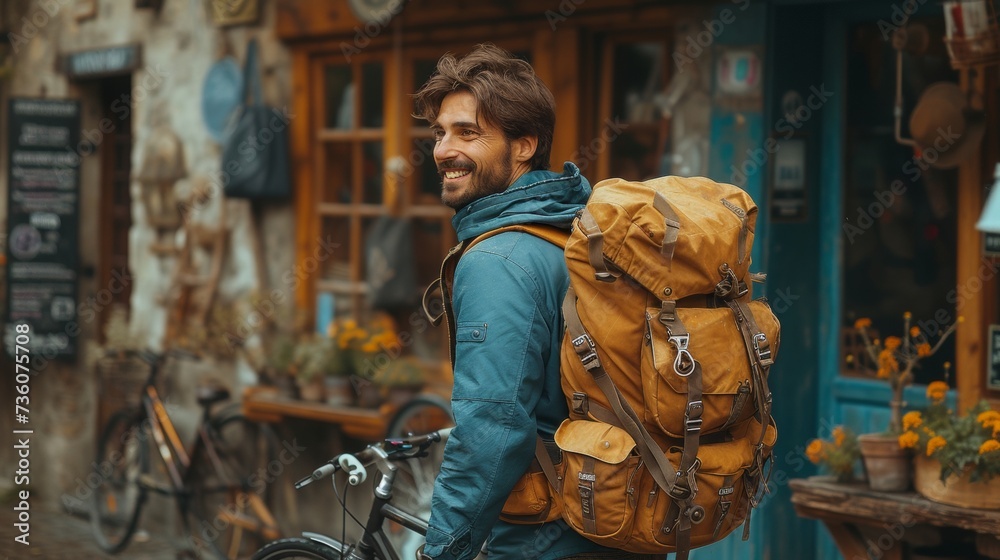 Typical young adult male with brown hair and mustache walking by the building with rucksack on his back and bicycle happy smile joyful version of real people in space, side view, full length