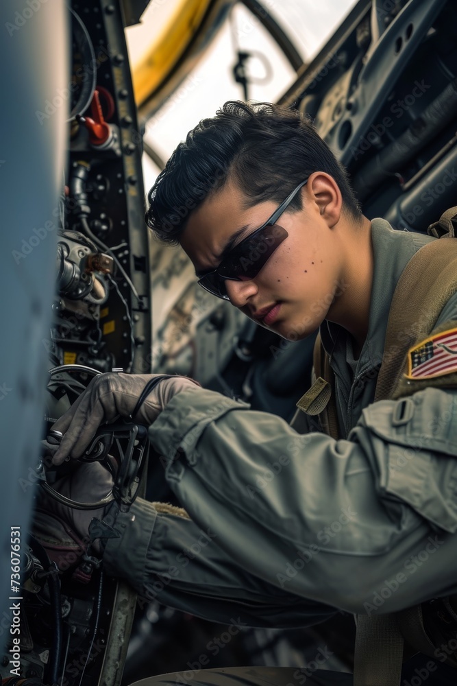 A Middle Eastern American Air Force technician, maintaining an aircraft, showcasing skill and diversity in specialized roles.