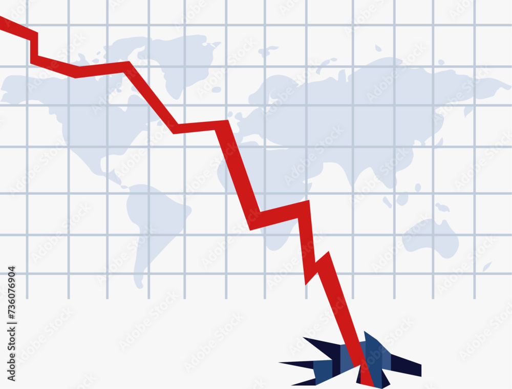 Stock market crashing down arrow and falling from graph breaking illustration Stock market crashing down arrow and falling from graph breaking illustration