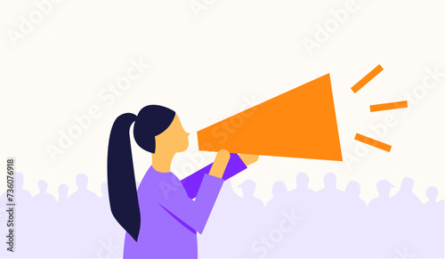 Woman speaking among demonstrators speaking about rights illustration