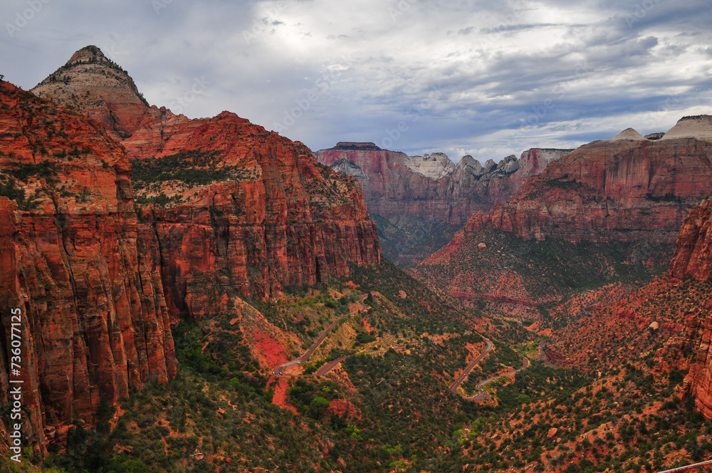 Overcast afternoon view from the end of the Canyon Overlook trail, Zion National Park, Utah, Southwest USA.