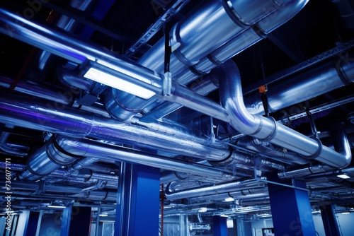 A detailed view of the industrial Louver system, surrounded by a complex network of pipes and machinery under the harsh fluorescent lights